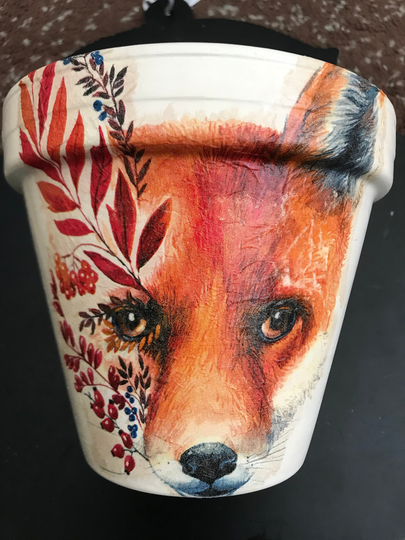 Fox Plant Pot , Decoupaged Pots , Garden Gifts Fox & Berries Flower Pots, Gifts, Autumn Leaves , Fox