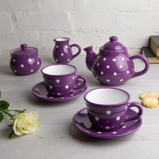Purple Ceramic Tea Set, Handmade Teapot Set For Two, Teapot, Milk Jug, Sugar Bowl, 2 Teacups & Saucers, White Polka Dot Pottery