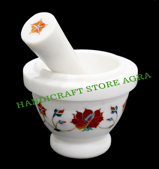Pestle & Mortar Inlaid With Semi-Precious Stone For Home Kitchen, Kitchen Utensil, Grinder, Best Christmas Gift For Loved Ones, Marble