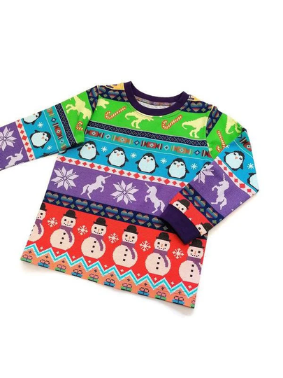Retro Christmas Tshirt, Organic Baby & Kids T-Shirt, Colourful Xmas Handmade in The Uk. Dinosaur Gift, Jumper Day