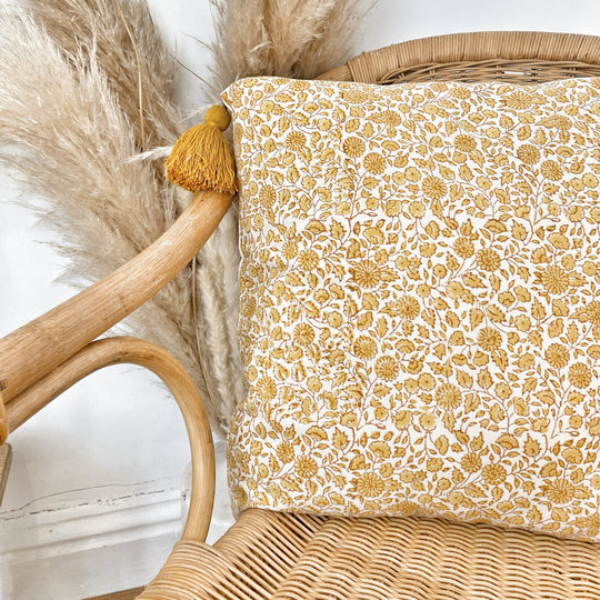 Organic Yellow Block Print Cushion Cover - Ethical Fair Trade Boho Cottage Core Ochre Ditsy Floral