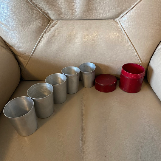 Antique Nesting Cups Edwardian Travel Original Box Boxed Drinkware Aluminium Tumblers Medicine Leather Scrim