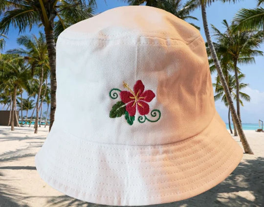 Trendy Bucket Hat Tropical Flower On A White Hat; Beach, Fishing, Summer Outdoors