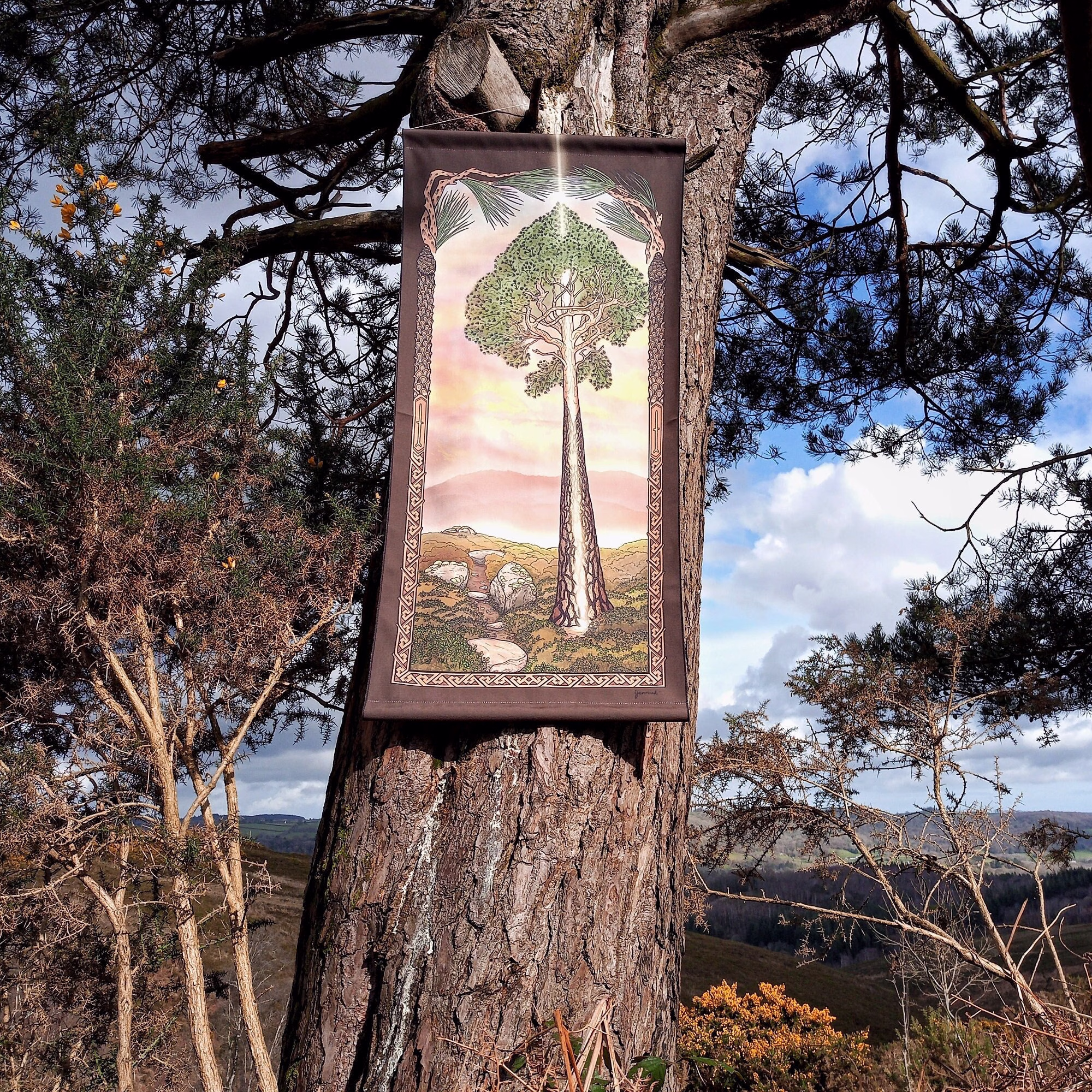 Scots Pine, Tree Wisdom Banner, 100 X 50 cm, Organic Cotton Wall Hanging, Celtic Art