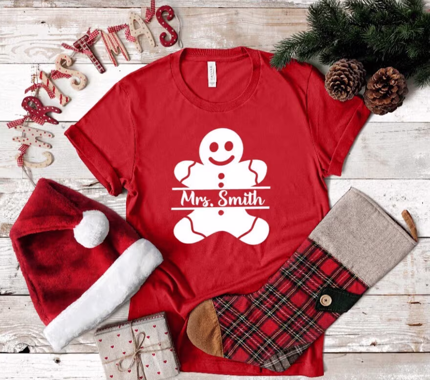 Split Gingerbread Man Cookie Custom Teacher Name Winter Christmas Shirt, Holiday Season Shirt Unisex