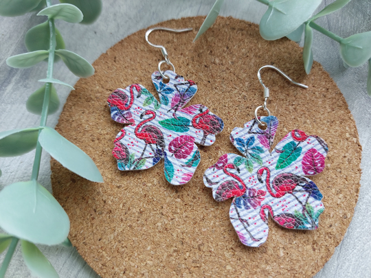 Tropical Flower Earrings. Flamingo Print Faux Leather Leaf Hibiscus Lightweight Earrings
