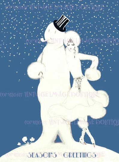 Antique 1920's Art Deco Winter Fashion Scene Of A Woman With Snowman Christmas Season Solstice Holiday 5x7 Greeting Card