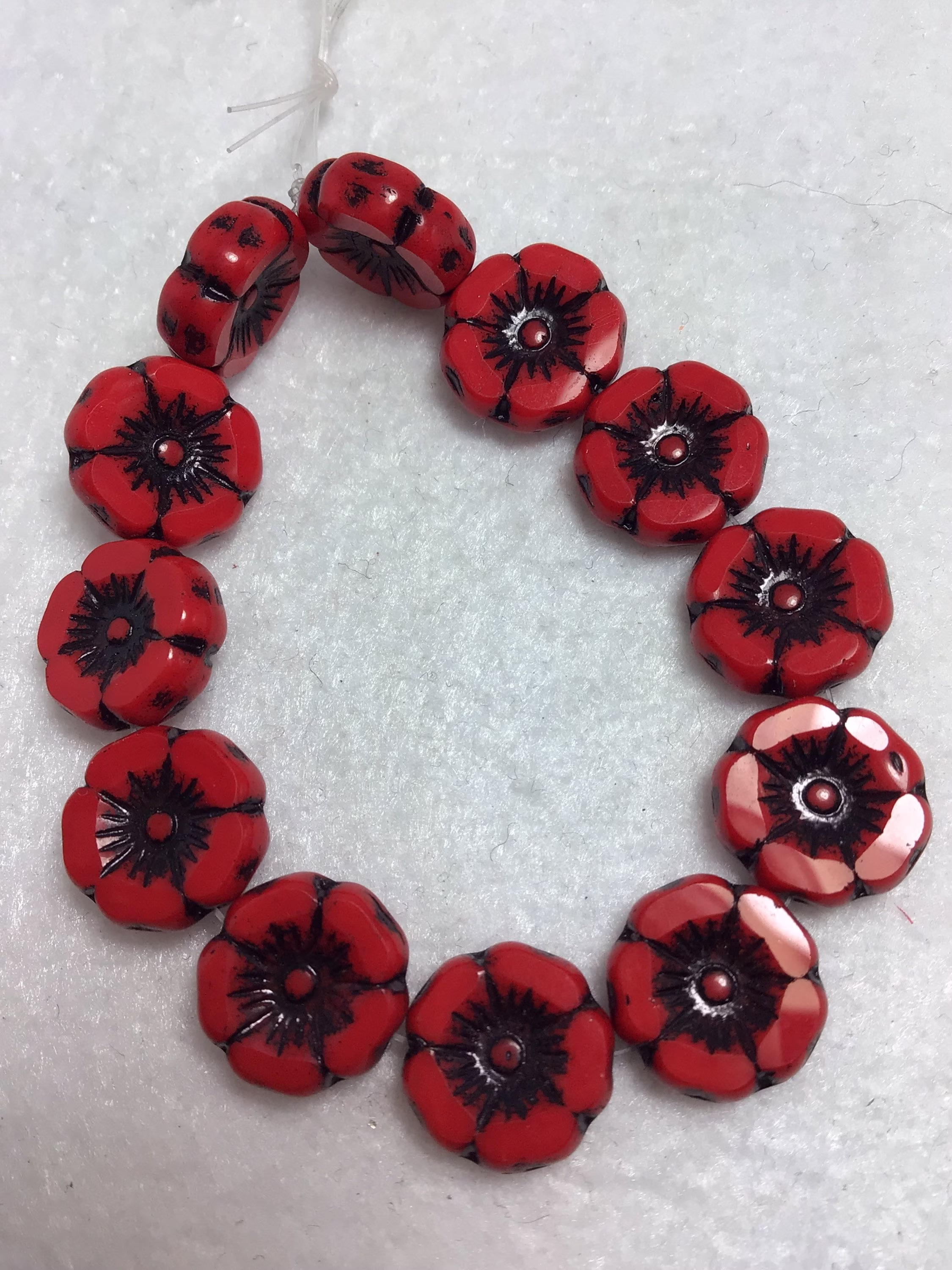 12mm Czech Flower Beads Red With Black Wash