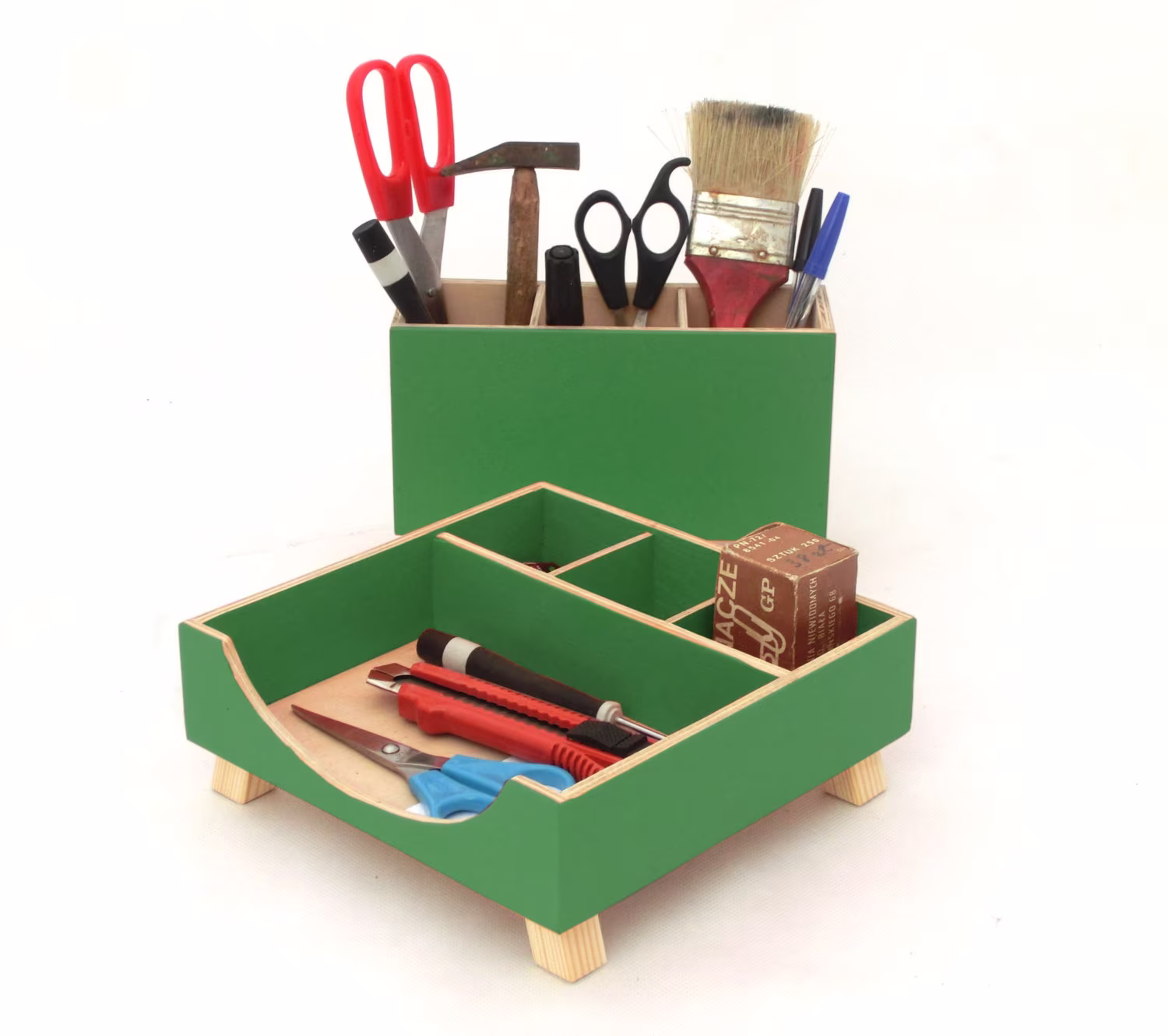 Green Desk Organizer, Desktop Set, Wooden Set, Office Accessories, Pen Holder, School Kids Desk, Tidy On