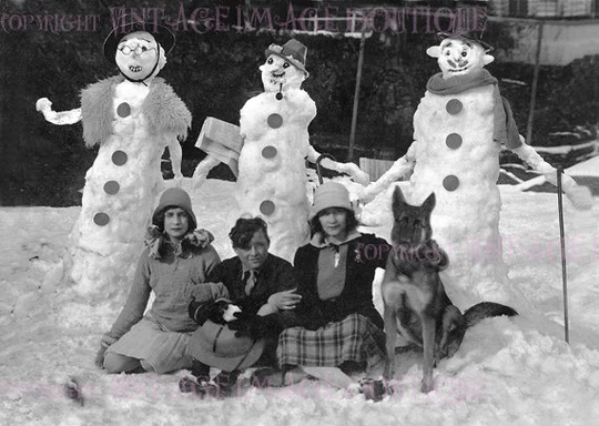 Antique 1920's Black&white Photo Of Three Friends With Their Snowmen & Dog Christmas Winter Solstice Holiday Season 5x7 Greeting Card