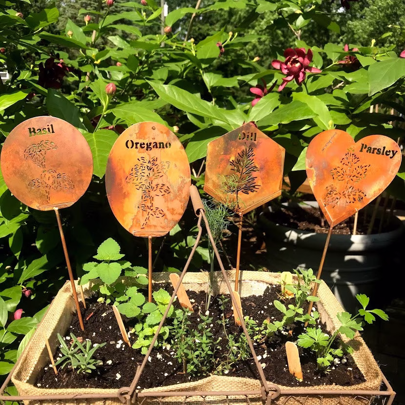 Metal Herb Signs - Basil Oregano Dill Parsley Garden Marker Stake Copper Color Label