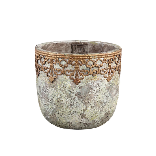 Gold Concrete House Plant Pot Cover - Ornate Metallic Trim Indoor Succulent Planter Flower Callie Rustic
