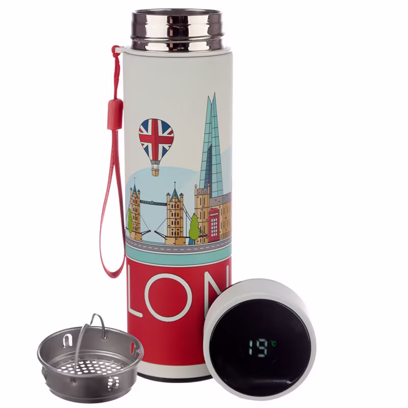 Insulated Stainless Steel Reusable Bottle Bpa Free 450Ml - Digital Reading Thermal Water Hot Cold Drinks London Icons Kids Adults