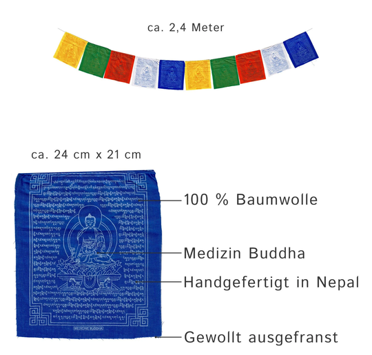 Tibetan Prayer Flags Medicine Buddha Approx. 2.5 M 10 Pennants Handmade in Nepal Flags With Prayers & Blessings For Peace