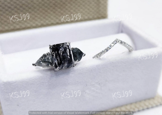 2.50 Ct Salt & Pepper Emerald Cut Diamond Engagement Wedding Bridal Ring Set in 935 Argentium Silver, Ring Set, Gift, Gift For Women