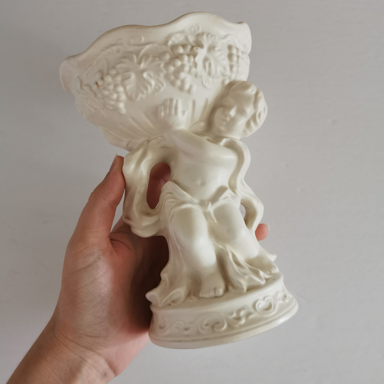 Vintage Cherub Planter, Crazing Resin White Plaster Plant Holder Retro Baby Angel Atlas Wine Goblet