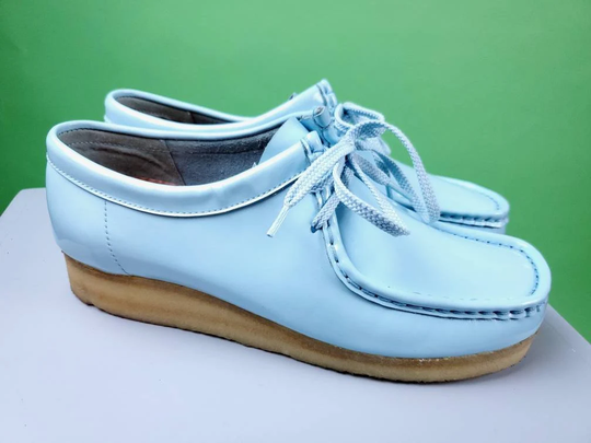 Vintage Clarks Wallabee Wedges in Powder Blue Patent Leather. | Size 10