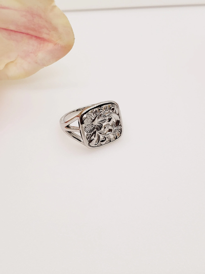 Hawaiian Heirloom Hibiscus Ring - Silver Band Floral Gifts For Her