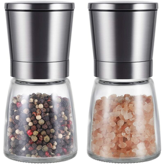 Premium Ceramic Salt and Pepper Mill Set with Adjustable Size, Coarse and Fine Salt and Pepper Shakers for Home or Kitchen with Shelf
