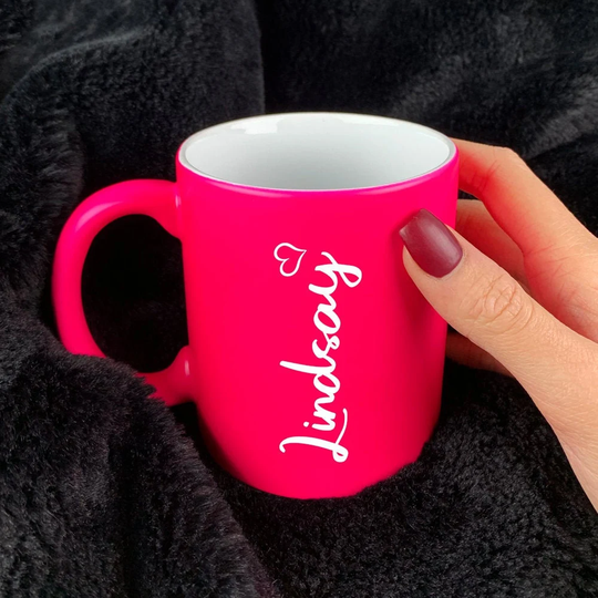 Personalised Mothers Day Mug Coffee For Her, Fluorescent Bright Pink Yellow Green Tea Cup, Customise With Any Name in Love Heart Design