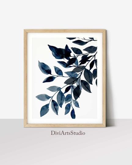 Eucalyptus Art Print, Leaves Wall Art, Hanging Leaves, Abstract Blue Powder Room Bedroom Decor, Navy Indigo