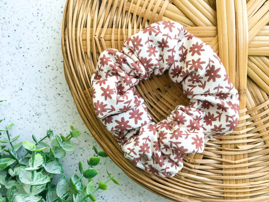 Sangria Floral Organic Scrunchie/Cotton Knit Handmade Hair Accessory Tie Soft Fabric Style