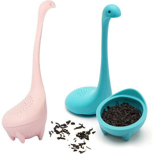 Betterlifegb - Silicone Tea Filter, Cute Long Handle Loose Leaf Infuser Strainer 2 More Sets Loch Ness Monster Shaped (Pink + Blue)