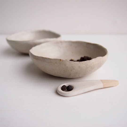 Handmade Oatmeal Satin Pottery Salt + Pepper Bowls