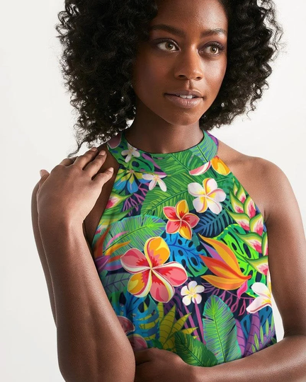 Tropical Floral Women's Halter Dress - Sleeveless Flower Print, A Line Dress, Summer Festival Sundress, Vacation Dresses, Hawaiian Hibiscus