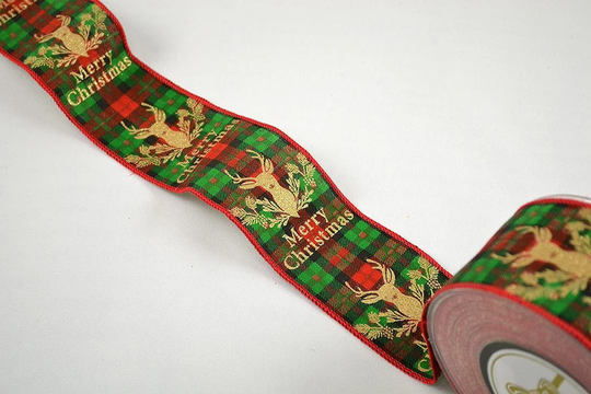 Wired Christmas Ribbon With Gold Glitter Deer Head, Big Wild Animal, Merry Wishes, Checkered Seasonal Holiday Decoration