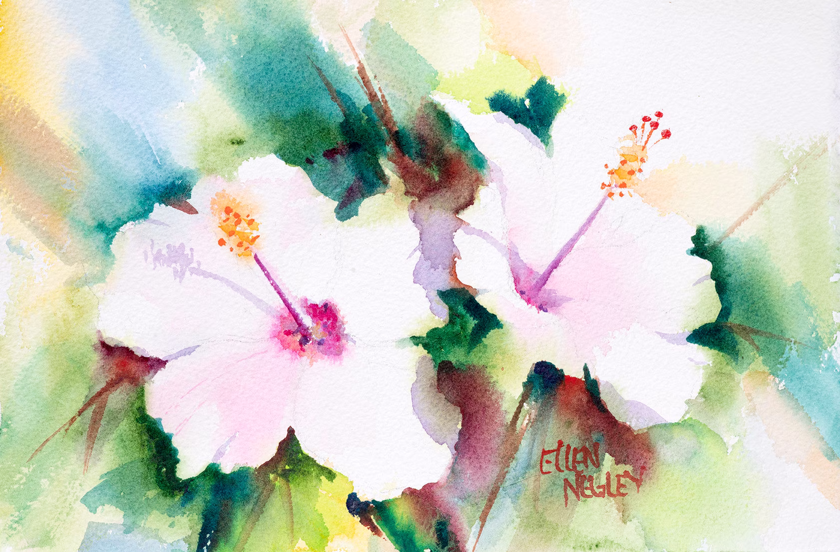 Hibiscus Flower Watercolor, Pink Art, Tropical Print, Floral Painting, Botanical Colorful Ellen Negley