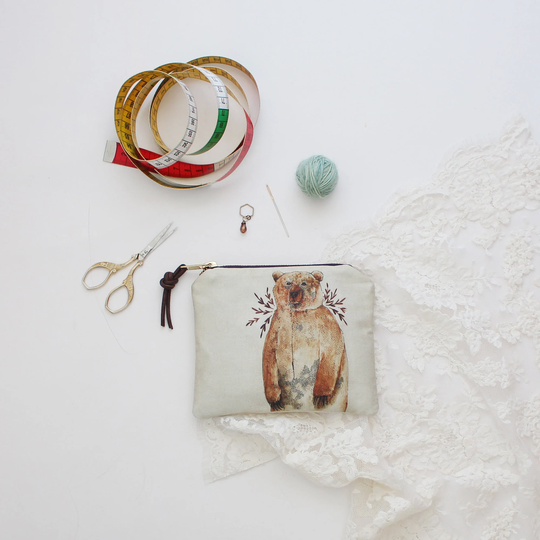 Makeup Organizer Bag, Small Cosmetic Brown Bear Woodland Animals Fabric, Credit Card Holder, Color Pencil Case, Gift For Her