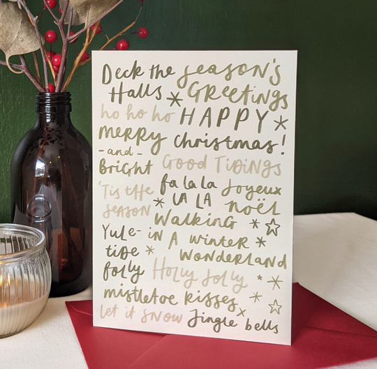 Illustrated Seasonal Greetings Christmas Card In Green