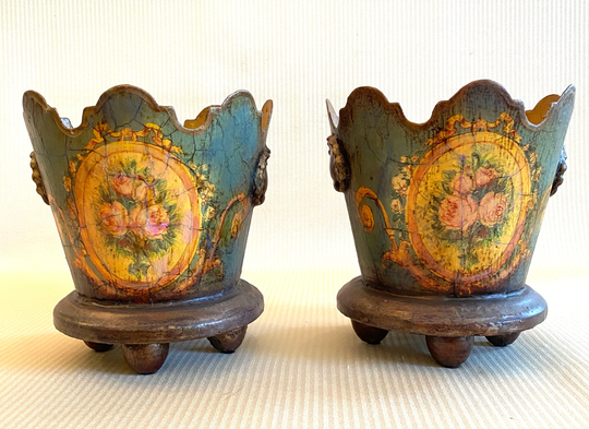 Tole Blue Planters-With Roses in An Oval Frame-With Shell Trim-Scalloped Tops-And Round Feet-For Flower Arrangements