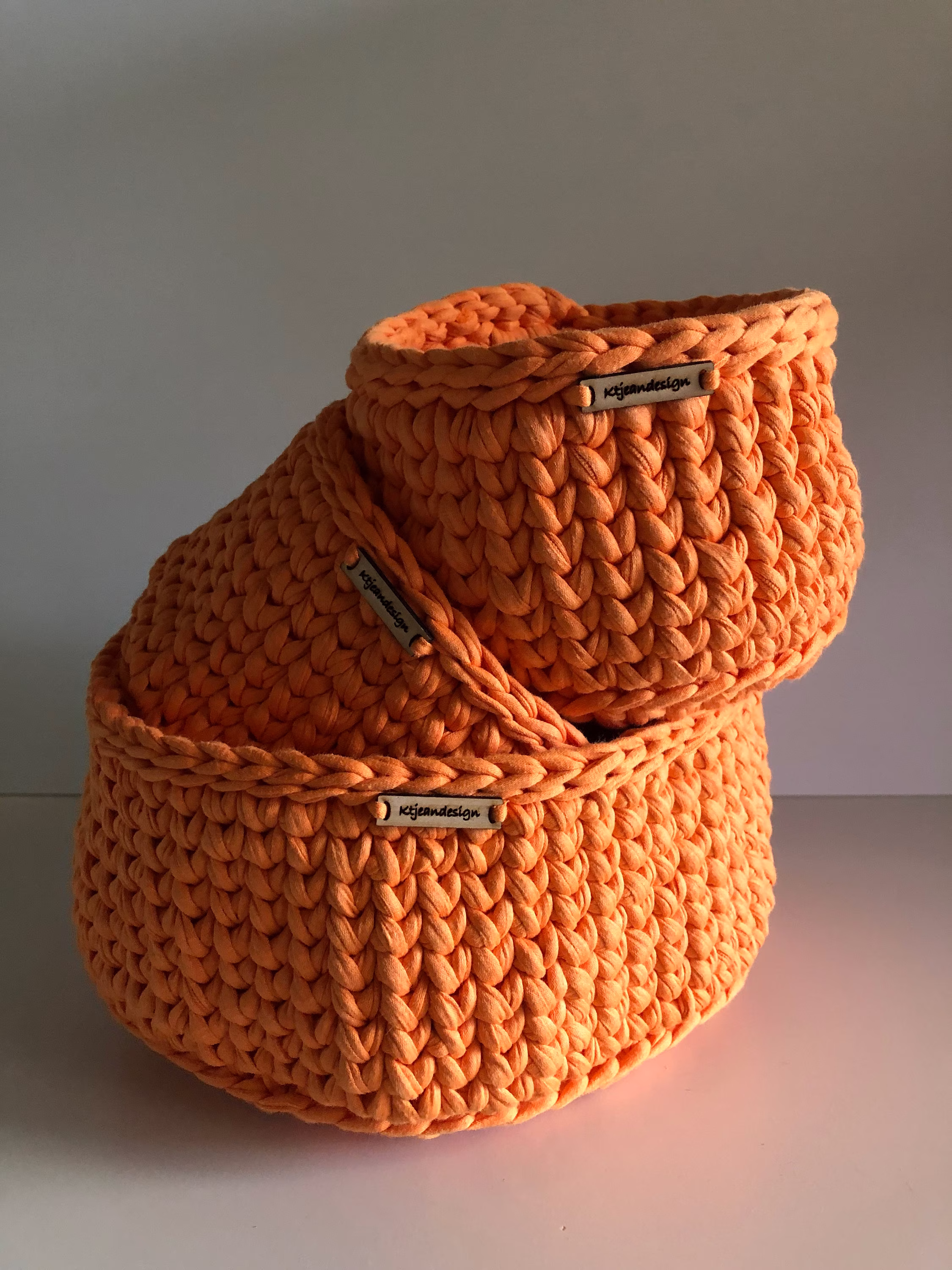 Handcrafted Storage Basket, Organize Your Home Décor, Set Of 3, Orange Marmalade, Solution, Material Used Recycled T Shirt Remnants