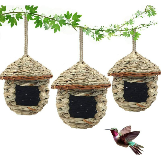 Set of 3 Hummingbird Houses, Hand Woven Bird Nest for Hanging Outdoors, Small Grass Bird Houses for Outdoor, Natural Fiber Perch Pouch for Tit Canary