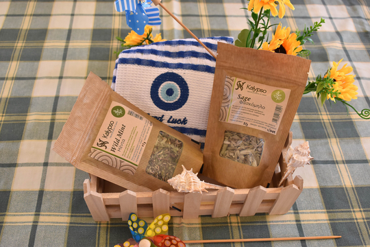 Greek Gift Basket With Organic Tea . Sage Tea, Wild Mint, Kitchen Towel , Sea Shells, Flowers, Wooden Storage Box. Taste & Memories