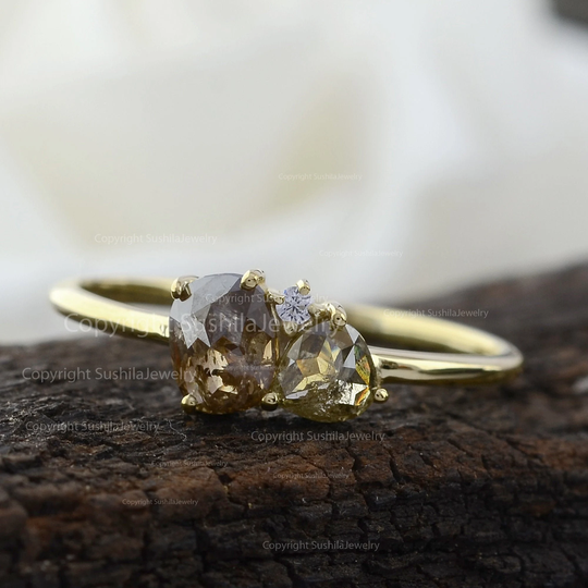 Solid 14K Yellow Gold Ring, Salt & Pepper Diamond Gray Cluster Wedding Minimalist Gift For Her