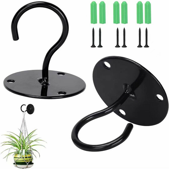 2 Pack Wall Ceiling Hooks, Metal Plant Stand, Iron Wall Hangers for Bird Feeders, Lanterns, Wind Chimes, Planters, Outdoor Decor Hooks (Black)