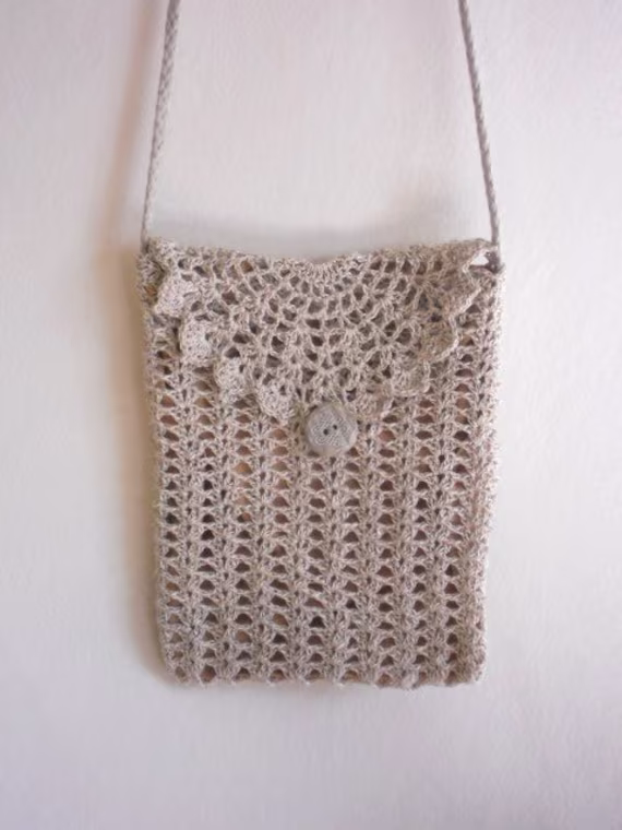 Travel Wallet Purse, Crochet Lace Natural Beige Gray Linen Shoulder Bag With Long Strap, Gift For Grandmother, Womens Accessory