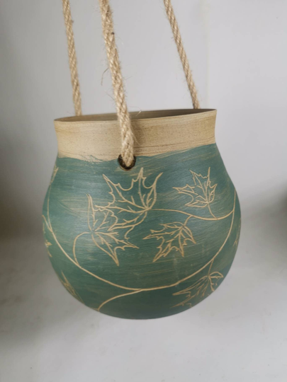 Hanging Planter With Ivy Leaf Design, Handmade Stoneware Pottery - UK Delivery Only