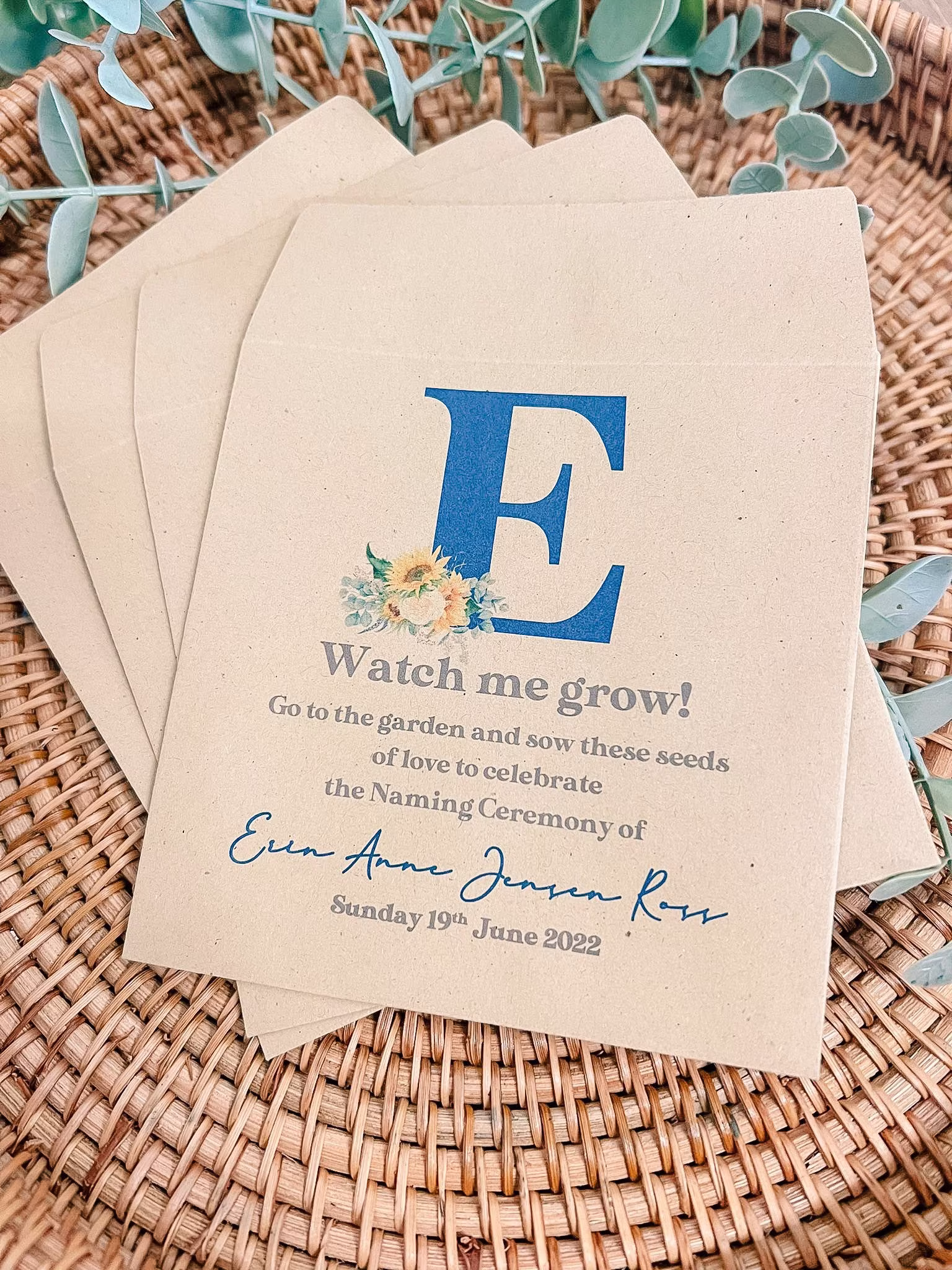 Personalise Blue Sunflower Favour Seed Bags |Envelopes | Watch Me Grow Christening Baby Shower Birthday Pack Of 10