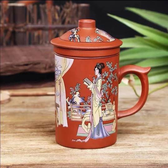 Tea Infuser Mug, Yixing Hand Painted Handmade Purple Clay Dragon Beauty Mug Ceramic Water With Lid And