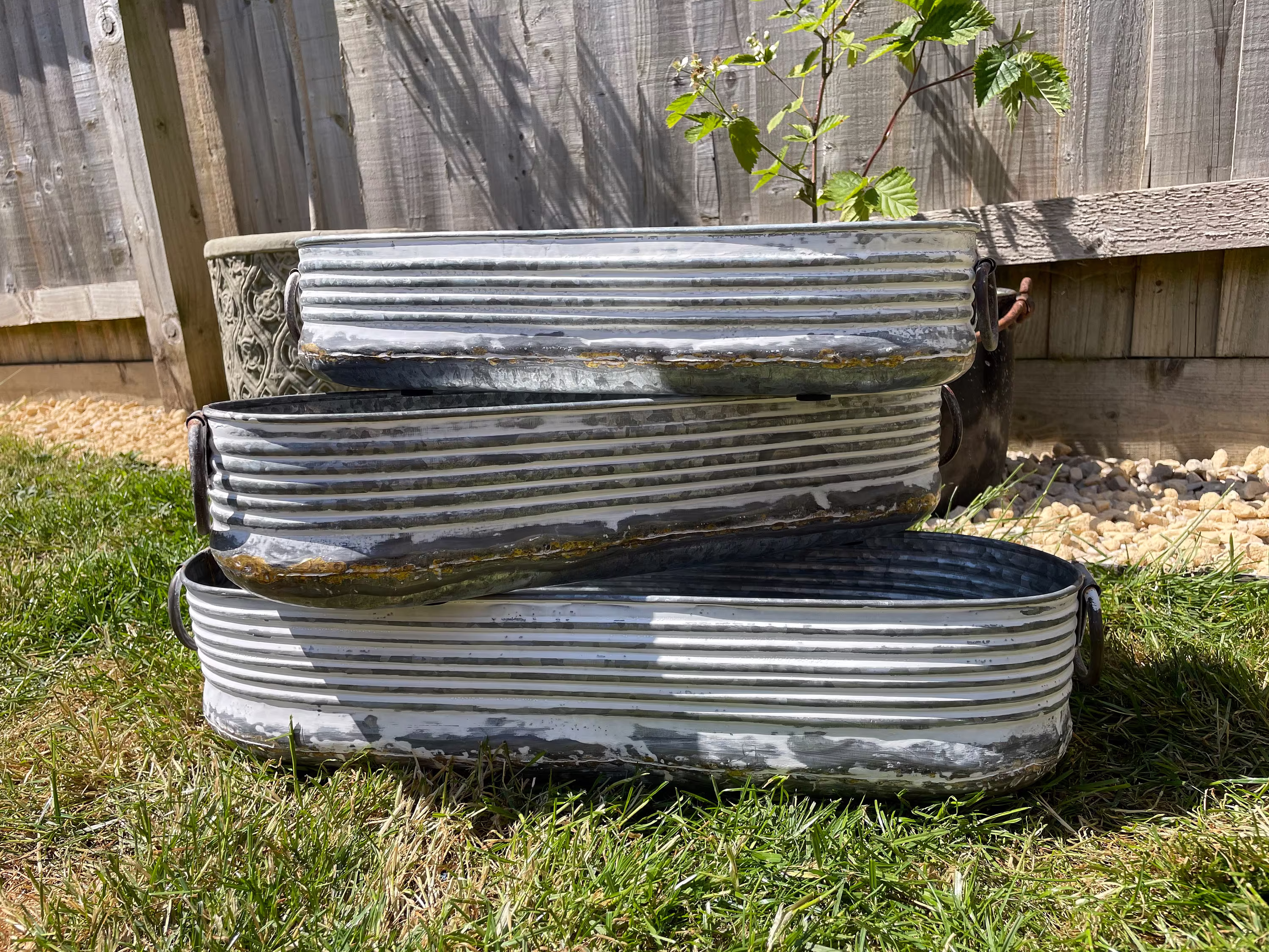 Set Or 1 Galvanised Zinc White Washed Long Planter | Garden Trough Ribbed Pot