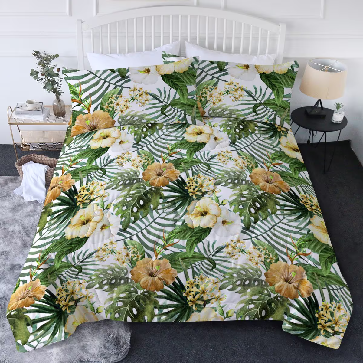 Hibiscus Flowers Comforter Set Tropical Foliage Hawaiian Pattern Quilt King Queen Twin Size
