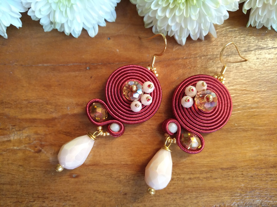 Round Burgundy & Powder Pink Soutache Earrings Beads Crystals, Jewels, Italian Earrings, Drop Christmas Woman Gift
