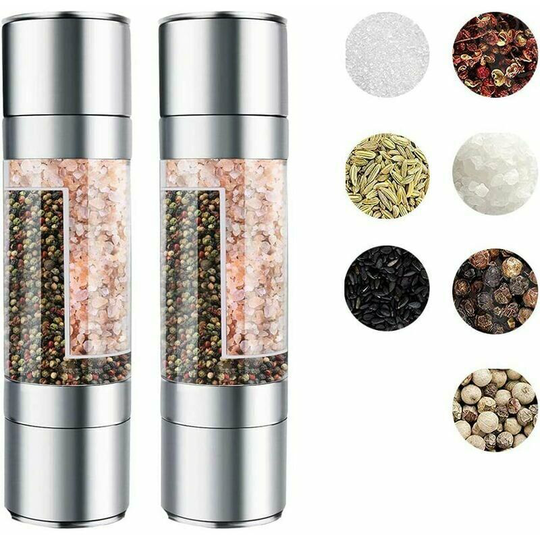 Joorrt - Manual salt mill 2 in 1 with adjustable grain in brushed steel with integrated ceramics (silver, 2 pieces)