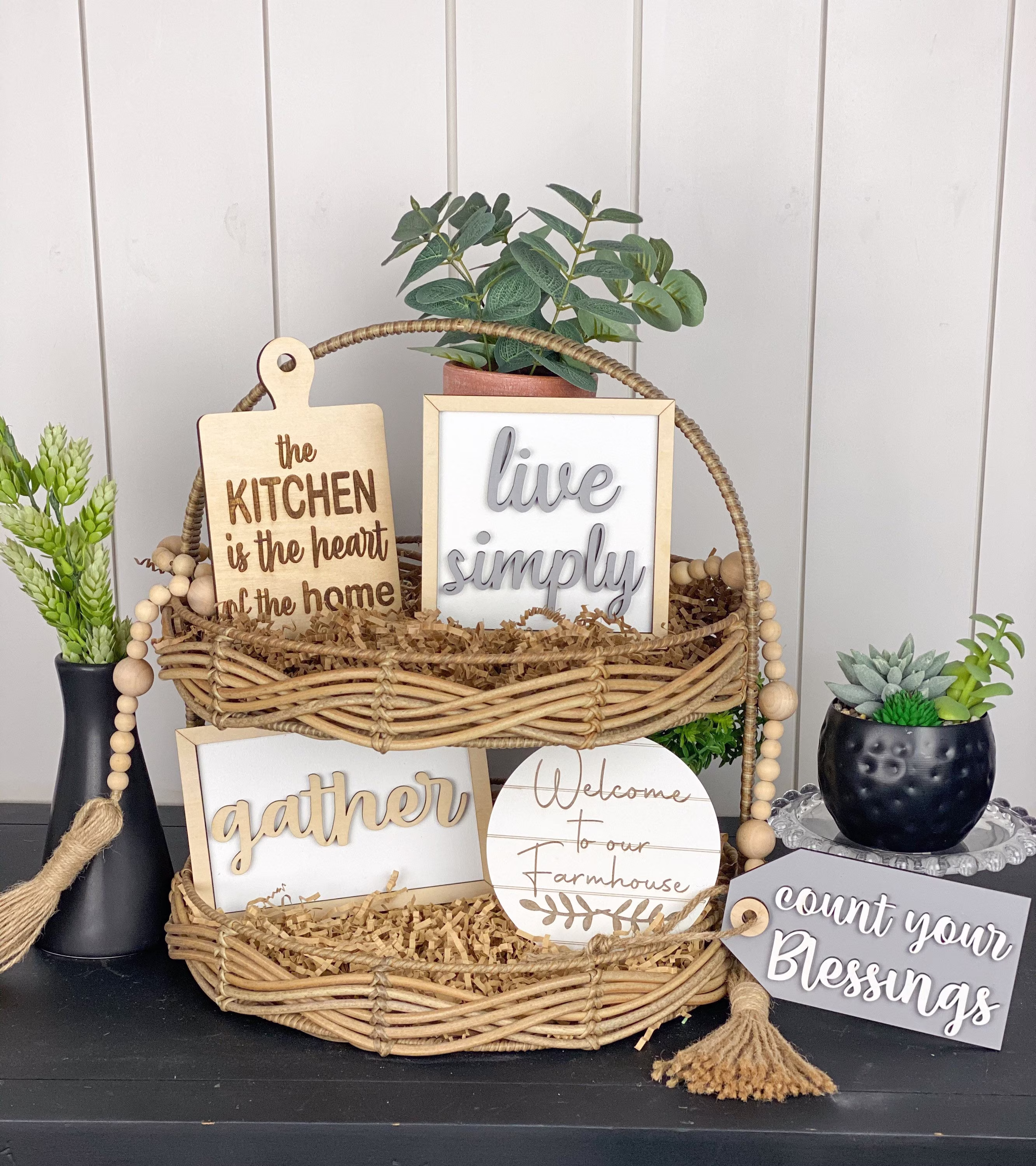 Home Tiered Tray Signs | All Season Count Your Blessing Sign Farmhouse Decor Family Tier