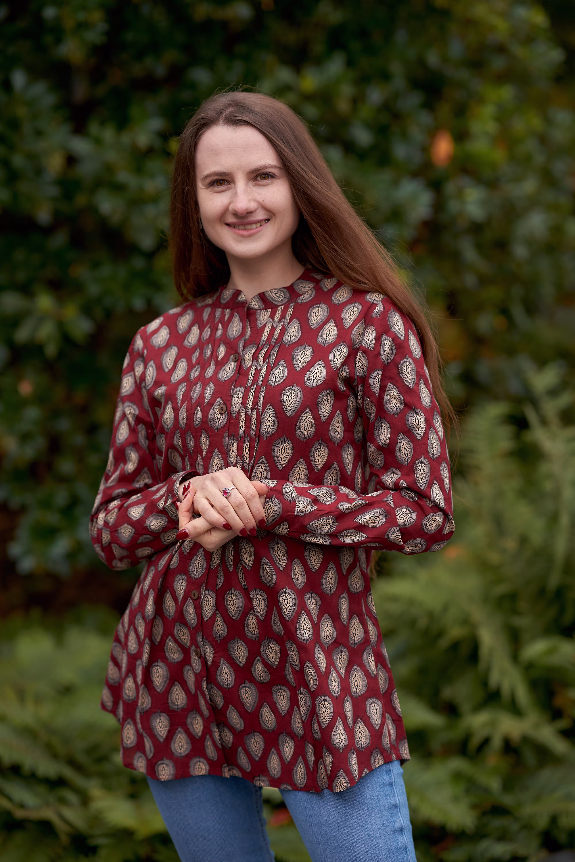 New Adya Shirt, Pure Cotton, Hand Block Printed, Bohemian, Casual-Occasional, Maroon, Cream, , All Season, Handcrafted, Ethical Fashion