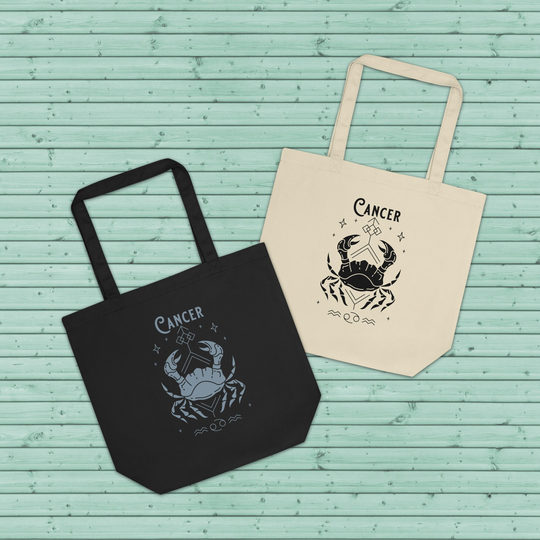 Cancer Zodiac Eco Friendly Organic Cotton Canvas Reusable Tote Bag, Astrology Celestial Market Shopping Witchy Sustainable Gift